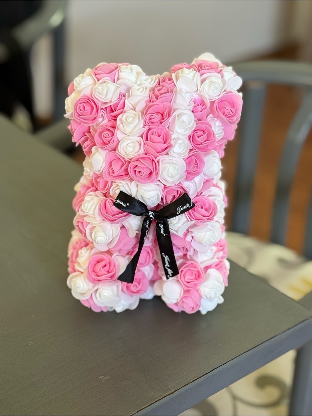 Pink & White Rose Teddy Bear with Black Ribbon